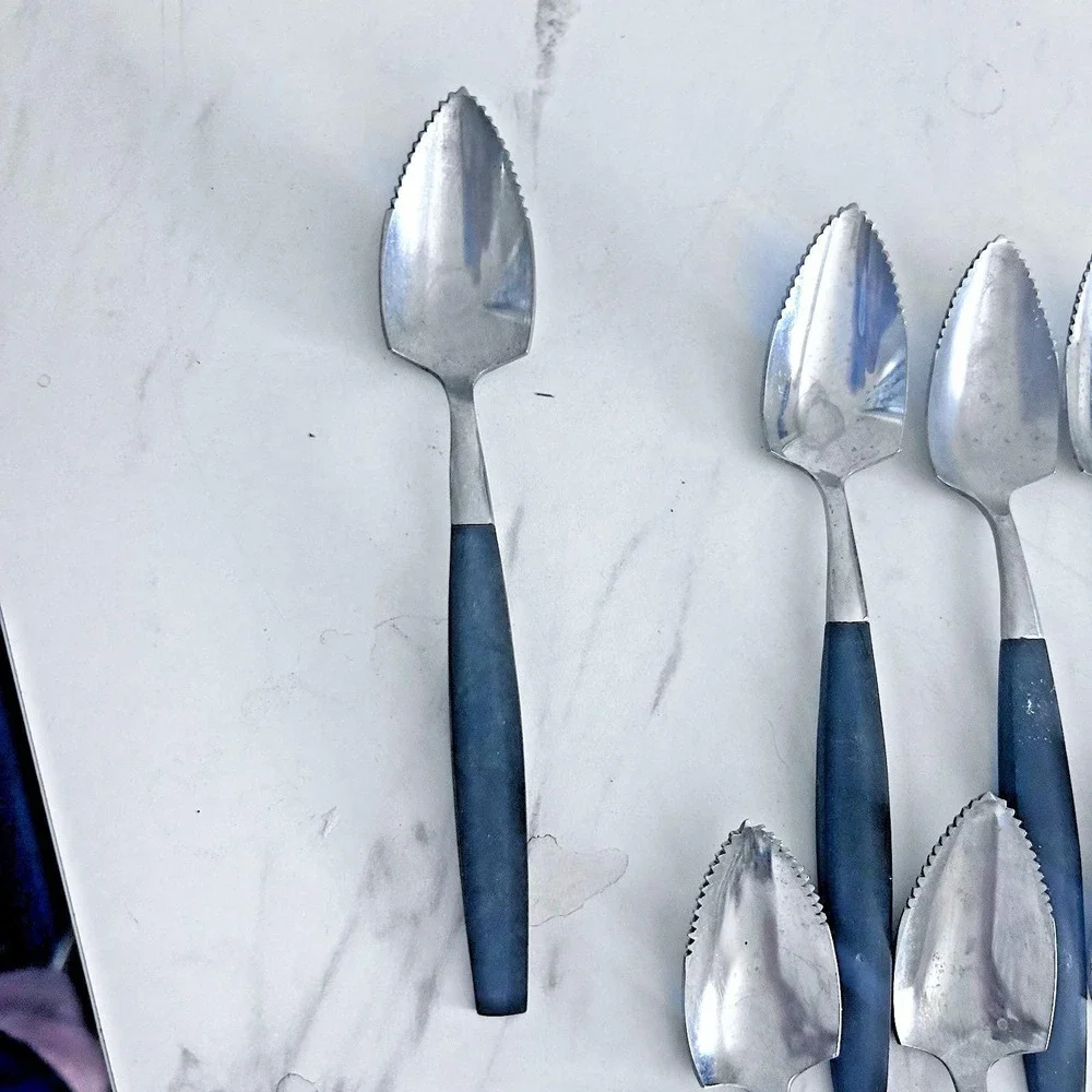 Vintage MCM Grapefruit Spoon Stainless Black Composite Japan Flatware Lot of 7 A